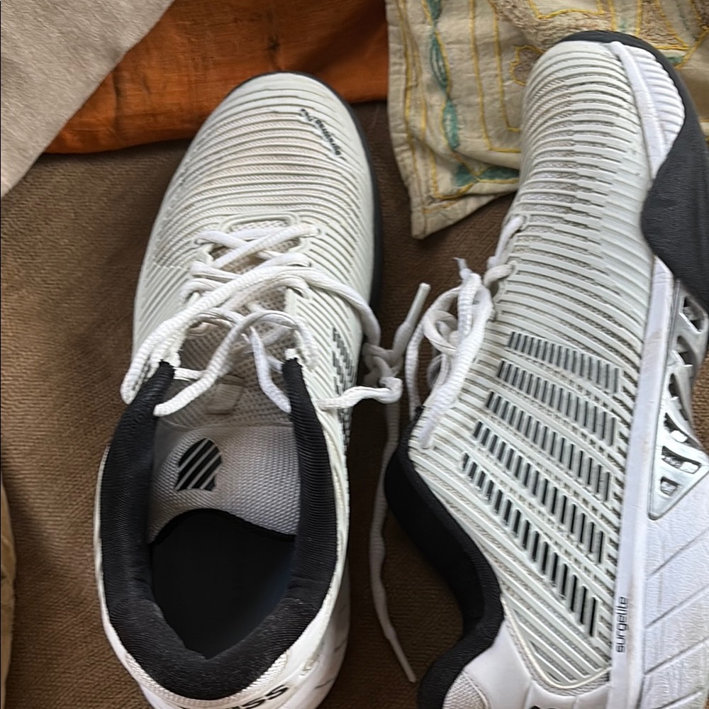 K Swiss White Pickle ball Sneakers with Black Accents.  In good used condition